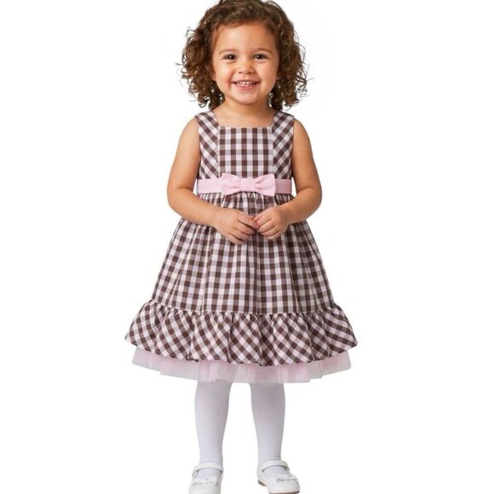 Savannah Girls Dress size 2 Toddler tulle Plaid Bowed Pink Brown Plaid Party